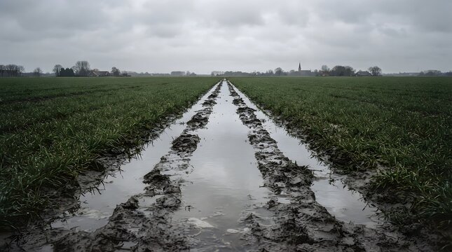 Muddy farm field with water filled tire tracks under overcast sky stretching toward horizon.