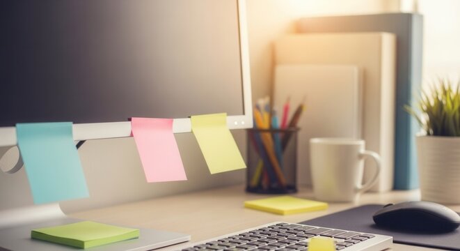 Organized Workspace With Sticky Notes And Computer