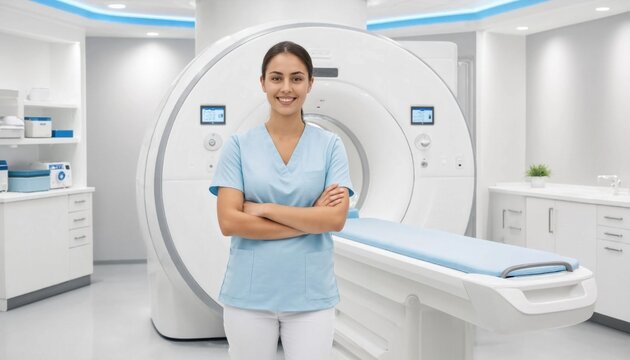 Smiling Female MRI Technician Standing Arms Crossed In Modern Medical Scan Room With Equipment