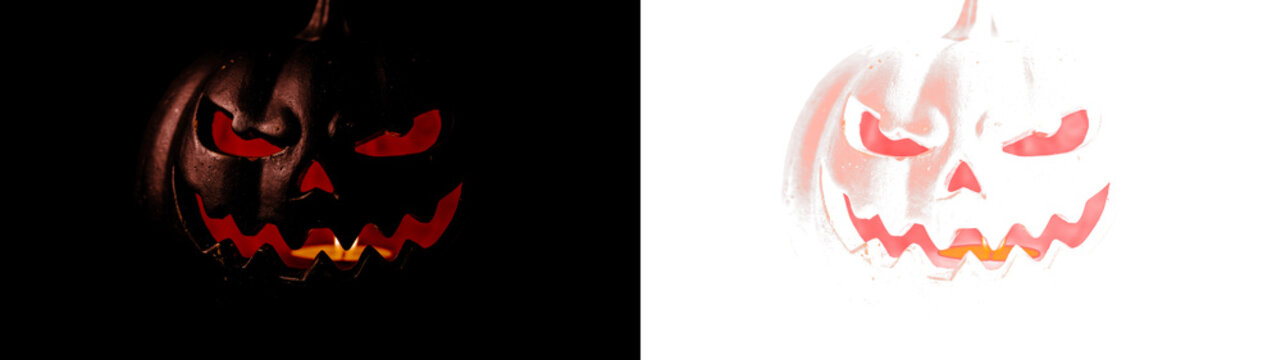 A sinister carved Halloween pumpkin with glowing red eyes and a dark, moody aesthetic. High-quality PNG file with transparency, perfect for spooky holiday designs, web banners, and party invitations.