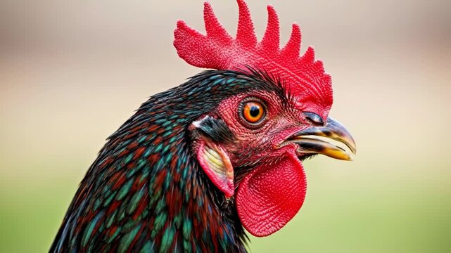 Close-up of a vibrant rooster with iridescent feathers and a striking red comb.