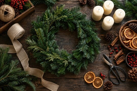 Ungeschm&uuml;ckter Adventskranz aus frischem Tannengr&uuml;n liegt mit wei&szlig;en Kerzen, Zapfen, Orangenscheiben und Bastelmaterial auf einem Holztisch bereit zum kreativen Dekorieren.