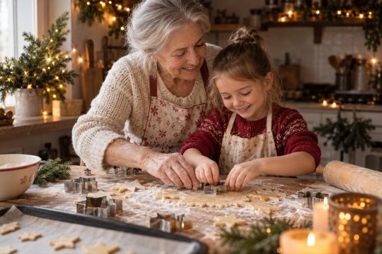 Gro&szlig;mutter und Enkelin stechen gemeinsam Weihnachtspl&auml;tzchen in einer festlich beleuchteten K&uuml;che aus. Das gem&uuml;tliche Familienritual verbindet Generationen in der Adventszeit.