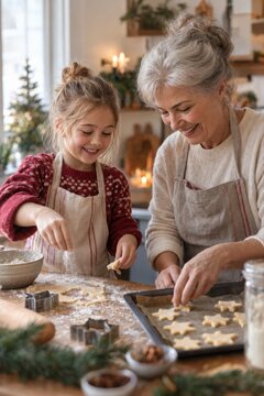 Gro&szlig;mutter und Enkelin backen gemeinsam sternf&ouml;rmige Weihnachtspl&auml;tzchen. Die helle K&uuml;che und liebevolle Zusammenarbeit vermitteln gem&uuml;tliche Familienzeit im Advent.