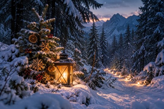 Geschm&uuml;ckter Weihnachtsbaum und leuchtende Laterne stehen an einem verschneiten Waldweg vor einer Bergkulisse. Warmes Kerzenlicht erzeugt gem&uuml;tliche Adventsstimmung im Winter.