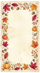 Fototapeta premium Autumn harvest border with pumpkins, acorns, and colorful fall leaves on vintage textured paper background