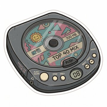 Retro 90s portable CD player illustration with sticker outline design.