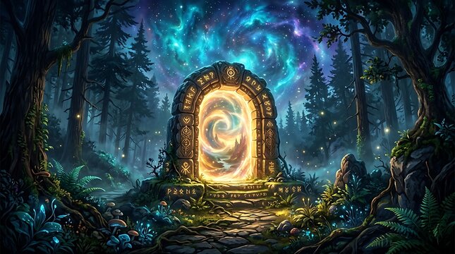 Magical glowing stone portal with runic symbols standing in a dark mystical forest at night under a starry sky