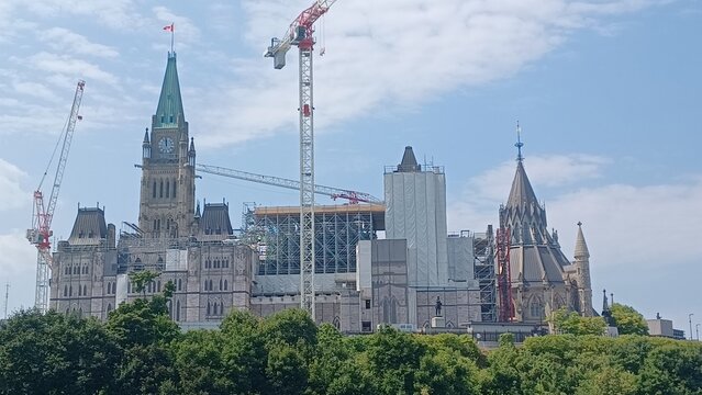 Parliament Hill construction with Peace Tower and cranes