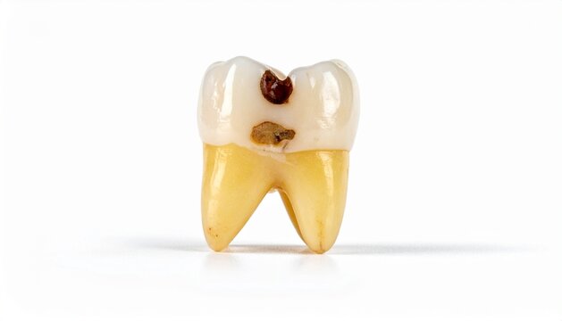 Human molar tooth with deep dental caries and enamel decay isolated on white background