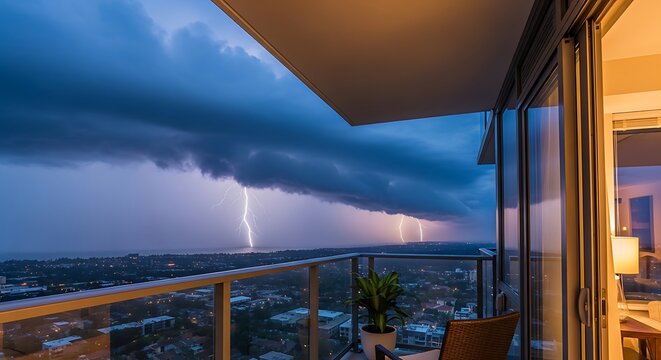 Lightning storm viewed from a high rise balcony at twilight.