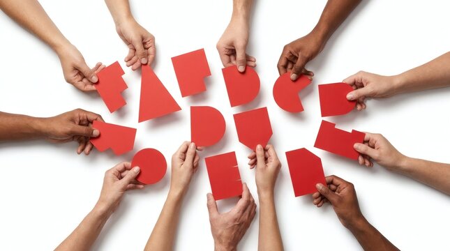 Diverse hands holding red geometric shapes in collaborative setting