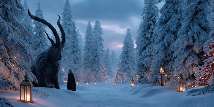 Krampus standing with a cloaked figure in a mystical winter forest, illuminated by festive string lights and lanterns, symbolizing an enigmatic holiday tradition