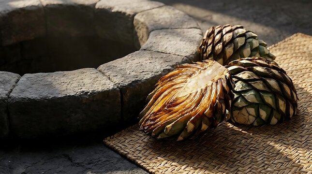 Roasted agave oven pi&ntilde;as ready for traditional mezcal production next to a stone pit in Mexico sunlight