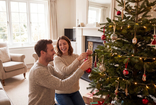 Happy couple decorating christmas tree at home