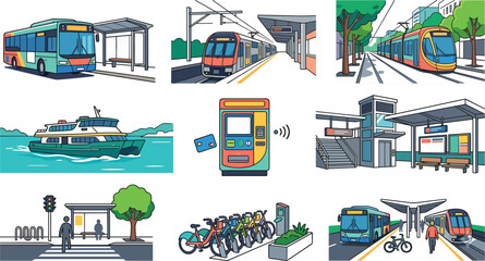 Fototapeta premium Comprehensive Urban Public Transit Vector Illustration Set Featuring Bus Train Ferry Light Rail and Bike Share Stations for City Mobility Designs
