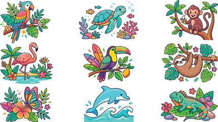 Obraz premium Cute Tropical Animal Vector Illustration Set Featuring Parrot Turtle Monkey Flamingo Toucan Sloth Butterfly Dolphin and Iguana for Graphic Designs