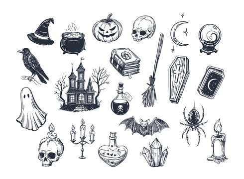 Halloween set: dark magic objects and witch's accessories. Hand-drawn vector sketch.