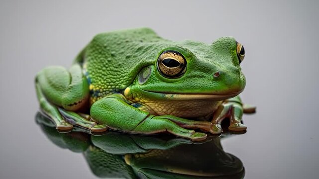 A vibrant green frog sits calmly on a reflective surface, looking forward.
