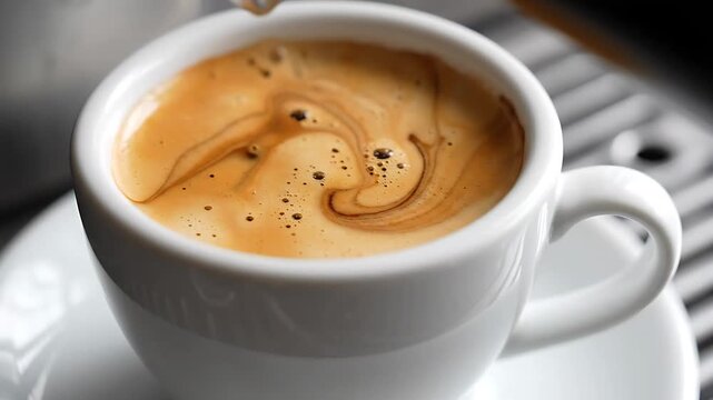 Coffee Pouring Into a White Cup, Creating Latte Art Patterns and Swirling Foam, Then Settling Into a Rich Brown Liquid. Animated Coffee Footage.