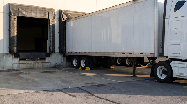 A white semi truck parked at a loading dock for cdl training and professional logistics practice sessions.
