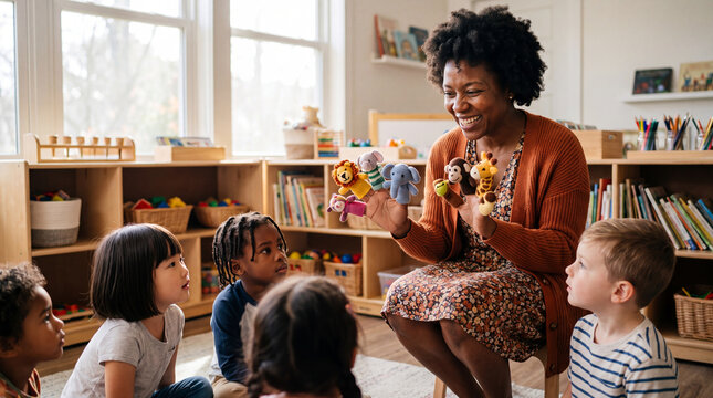 A smiling teacher uses animal finger puppets to entertain and educate a diverse group of young children in a bright, organized classroom setting.