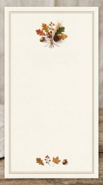 Autumn border frame with fall leaves, acorns, and pinecone on a cream textured background
