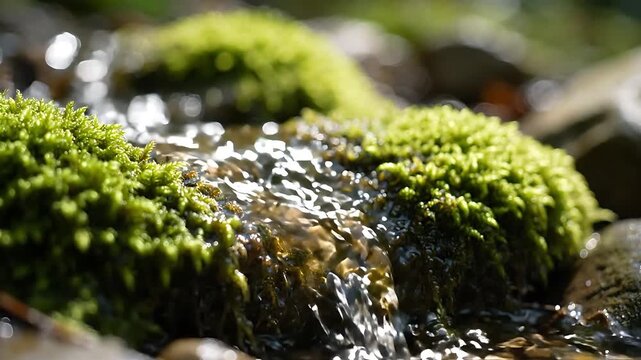 Moss-Covered Rocks Flowing with Clear Water, Creating a Tranquil and Natural Stream Animation. Gentle Water Movement and Vibrant Green Hues.