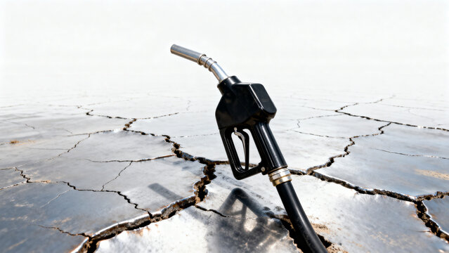 Fuel pump on cracked, dry ground represents issues of resource depletion and environmental concern