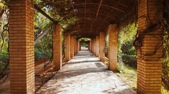 A peaceful brick-pillared walkway covered in lush green vines at the National Garden in Athens, Greece