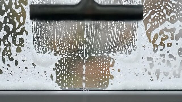 Window Washing Animation with Soapy Water Streaks and a Squeegee, Showing a Cleaning Process Loop. 4k Footage for Commercial Use.