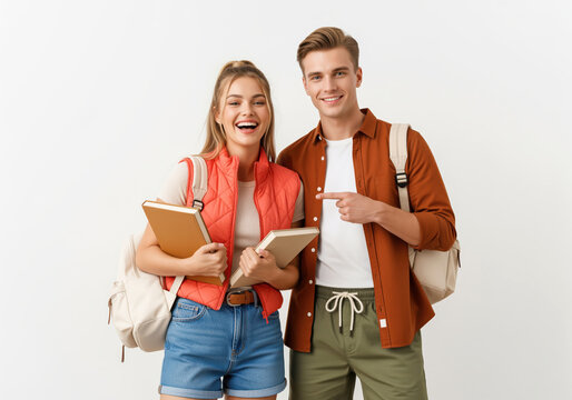 University classmates share a cheerful start to their studies as a young man and woman celebrate learning together and prepare for college courses with hopes for their future careers