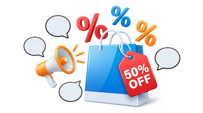 Shopping bag with fifty percent off sale illustration