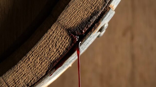 galvanized steel barrel hoop oozing continuous red wine against rough oxidized diagonal oak wood planks