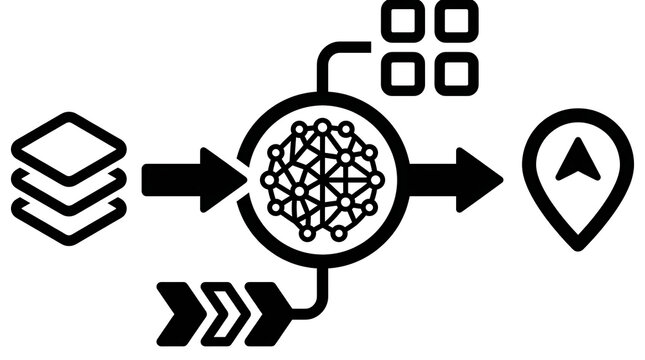 Monochrome supply chain logistics icon showing data processing and location tracking