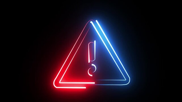 Neon warning sign animation: glowing red and blue exclamation mark triangle for alerts and cybersecurity