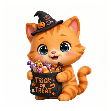 Cute cat holding trick or treat candy bag Halloween 3D