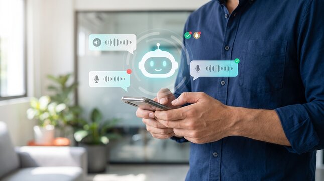 Person interacting with AI chatbot interface on mobile phone for customer communication AI chatbot customer support artificial intelligence chat interface automated response digital interaction