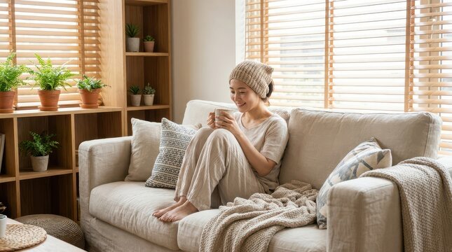 Young woman relaxing on sofa with coffee mug