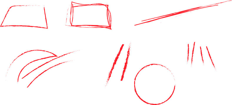 A collection of various hand-drawn red ink including rectangles, circles, curved lines, and parallel strokes on a plain white background