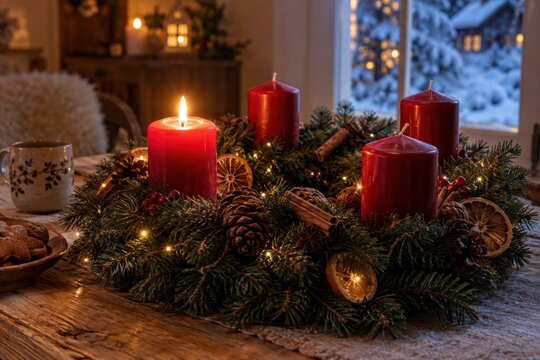 Traditioneller Adventskranz mit einer brennenden roten Kerze, Tannengr&uuml;n, Zapfen, Zimt und Orangenscheiben. Warmes Licht schafft gem&uuml;tliche Vorfreude vor verschneiter Kulisse.
