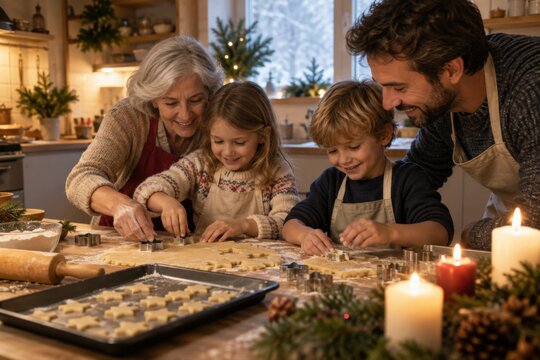 Gro&szlig;mutter, Vater und zwei Kinder backen gemeinsam Weihnachtspl&auml;tzchen. Die fr&ouml;hliche Weihnachtsb&auml;ckerei verbindet Generationen und schafft gem&uuml;tliche Familienzeit im Advent.