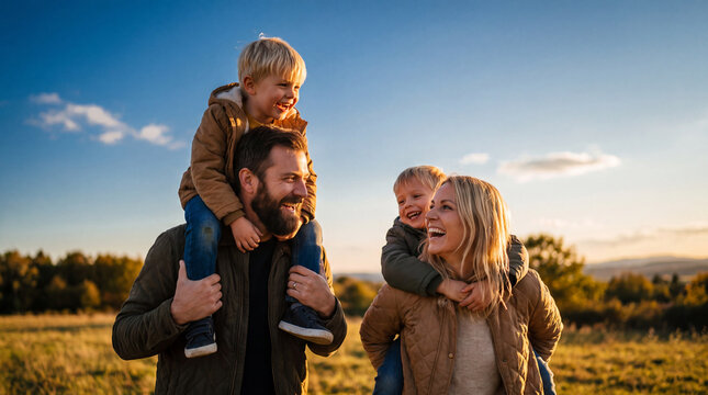 A joyful family with two young sons is having fun outdoors, with parents giving piggyback rides as the sun sets.