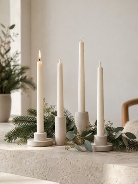 Minimalistische Adventsdekoration mit vier wei&szlig;en Stabkerzen, Tannenzweigen und Eukalyptus. Eine brennende Kerze schafft eine ruhige, gem&uuml;tliche Stimmung mit viel Freiraum.