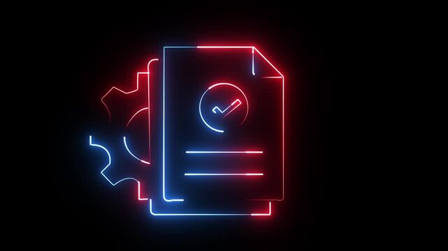 Neon document gear icon animation: business process automation and digital workflow concept glowing