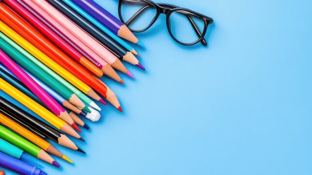 A vibrant minimalist desk arrangement featuring colorful office supplies and stylish glasses against a serene blue backdrop