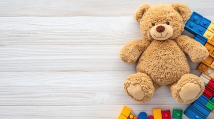 Fototapeta premium Colorful educational toys for children arranged in a flat lay design with a teddy bear and blocks for learning and creativity