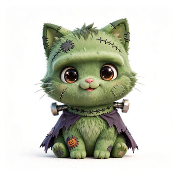 Cute Frankenstein cat green monster Halloween 3D