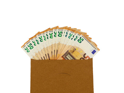 &euro;50 banknotes are fanned out inside an envelope, isolated against a white background.