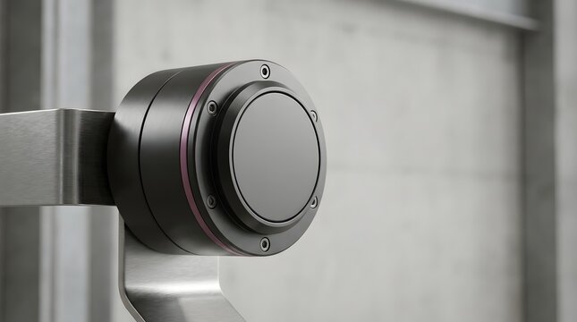 Black industrial rotary encoder sensor on a steel mounting bracket